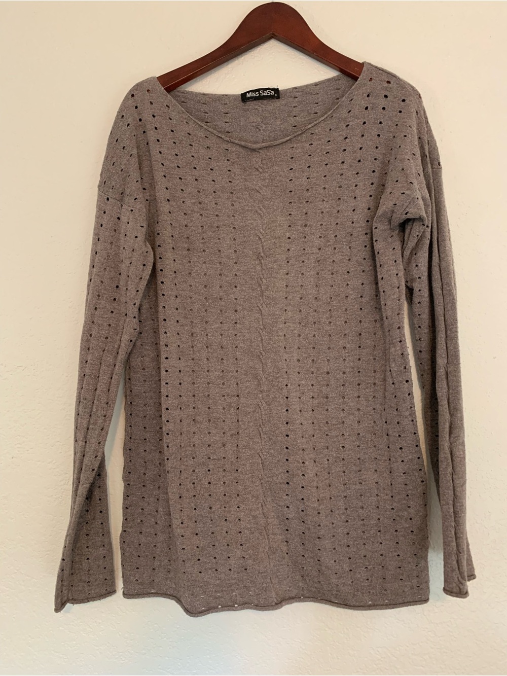 Miss Sas’a Viscose Rayon Wool Gray Eyelet-Detail Knit Pullover | S